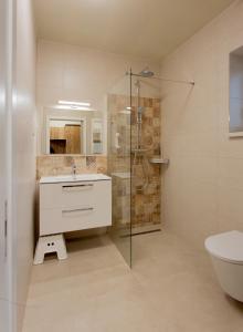 塞斯豪普特Gästehaus - Boardinghouse Magnetsried的带淋浴、盥洗盆和卫生间的浴室