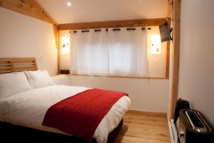 温彻斯特Bull Farm Studios的一间卧室配有一张带红色毯子的床和窗户。