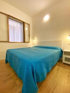 博尔吉亚Camping Calabrisella的窗户客房内的一张蓝色大床