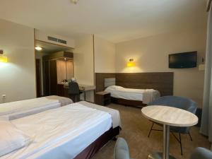 罗兹考尼大使酒店的酒店客房设有两张床、一张桌子和一张书桌。