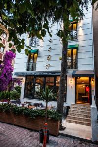伊斯坦布尔朱丽叶客房与厨房旅馆的前面有棵树的白色建筑