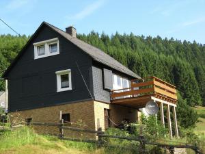 格拉斯许特Spacious holiday home in Sauerland with terrace的一间位于客房一侧的黑色房子,设有一个阳台