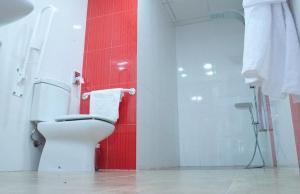 Alcaracejos米格尔​​安赫尔乡村酒店的一间带卫生间和红色墙壁的浴室