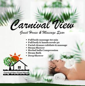 博克斯堡Carnival View Guest Lodge and spa的按摩spa的传单,有一位女士躺在地板上