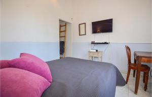 VenzolascaGorgeous Home In Venzolasca With Kitchen的一间卧室配有一张带紫色枕头的床和一张桌子