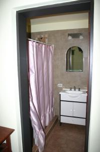 梅洛El Rincón del Molle的一间带水槽和粉红色淋浴帘的浴室