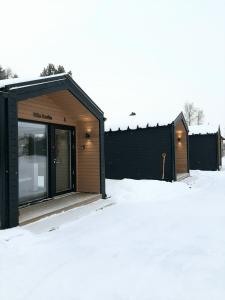 LumijokiWilla Rauha F的雪中一座黑色的木制建筑