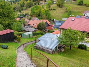 LangenbachHoliday home in Thuringia near the lake的享有村庄的顶部景色,拥有蓝色屋顶