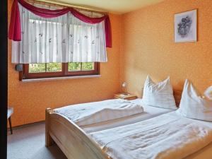 LangenbachHoliday home in Thuringia near the lake的一间卧室设有两张床和窗户。