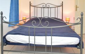 Deux-Jumeaux丽奥迪亭台度假屋的一张金属床,上面有蓝色的毯子