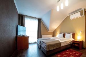 奥多尔黑塞库耶斯克Areo Hotel & Restaurant的一间卧室设有一张床和一个大窗户