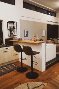 特里尔Stilvolles City-Loft mit privatem Whirlpool的厨房配有柜台和2个酒吧凳