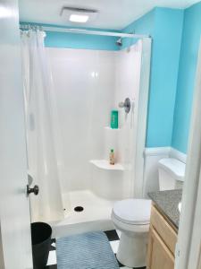 Findley LakeLake Front Home Near Peek'n Peak的浴室配有白色卫生间和淋浴。