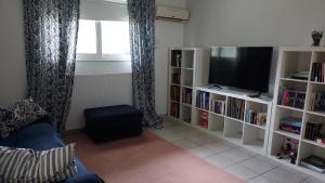 阿特米达Joan's airport apartment的一间带电视和书架的客厅