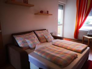 比克Mészáros apartman的客厅配有带枕头的沙发。