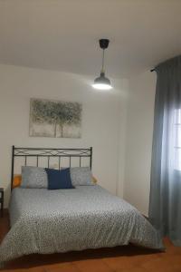 格拉茨莱马CASA MI SUEÑO的一间卧室配有一张带蓝色枕头和灯的床