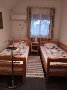 TiszaszőlősMézeskuckó的带窗户的客房内的两张床