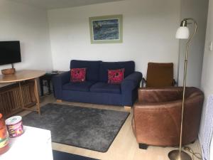 伯格里Meadow View Lodge的客厅配有蓝色的沙发和椅子