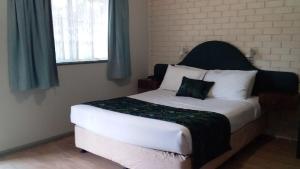 WarrenMacquarie Valley Motor Inn的一间卧室配有一张白色大床和黑色床头板