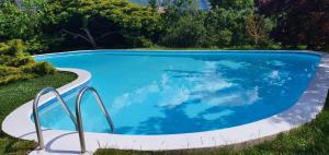 博尔扎诺Gasserhof Bozen的庭院里的一个蓝色海水游泳池