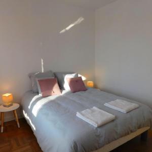 圣艾尼昂Appartement situé en centre ville de Saint Aignan的一间卧室配有一张床,上面有两条毛巾