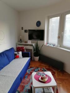 斯梅代雷沃ANKA apartman的客厅配有蓝色的沙发和桌子