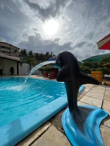 纳塔尔Hostel flor do Caribe的坐在游泳池的木筏上的海豚雕像