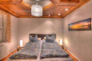 萨加尔德Ferienwohnung Am Kreidebach的一间卧室配有一张带蓝色枕头的床和天花板