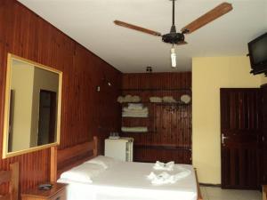 圣洛伦索Pousada do Ipê的一间卧室配有一张床和吊扇