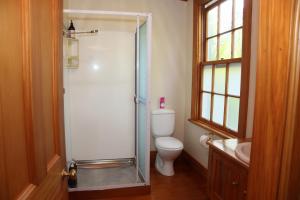 旺格努伊Headlands Estate的一间带卫生间和玻璃淋浴间的浴室