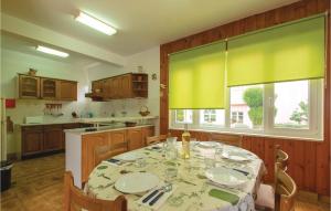 拉茨斯切Cozy Apartment In Racisce With House Sea View的厨房配有桌椅和绿帘