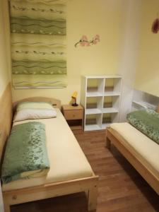卡尔洛夫Apartmán Orbit的一间带两张床的卧室和一个架子