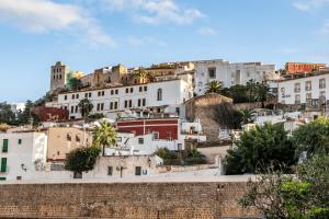 伊维萨镇Hostal Parque Ibiza的从砖墙上方可欣赏到城市美景