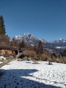 费拉迪普利米罗Baita Zeni Tirolerhof - Adult friendly的一座有雪盖的院子,后面有群山