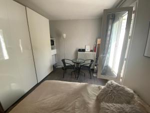 蒙彼利埃Belle chambre au calme centre Montpellier的一间卧室配有一张床、一张桌子和一个窗户。