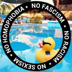 埃斯孔迪多港Hotelito Swiss Oasis -Solo Adultos - Adults only的坐在游泳池前的橡皮鸭