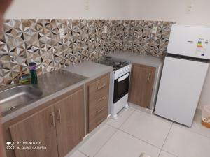 埃斯特城Apart cómodo y seguro a pasos de todo 33的厨房配有炉灶、水槽和冰箱。