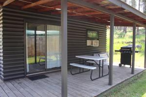 拉皮德城Cabin 5 at Horse Creek Resort的门廊上设有野餐桌和烧烤架