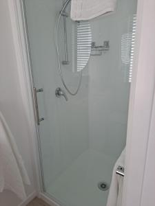陶朗加Pod bach on Tweed的浴室里设有玻璃门淋浴