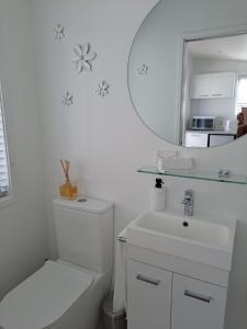 陶朗加Pod bach on Tweed的白色的浴室设有水槽和镜子