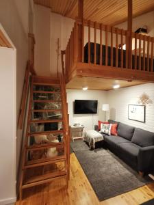 萨利色尔卡Winter Nest - A cozy accommodation in the heart of Saariselkä的带沙发的客厅和阁楼。