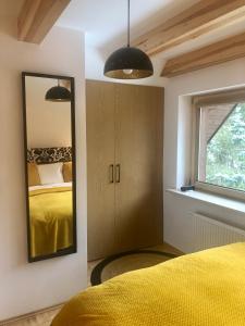 克罗奇琴科Piękny apartament w Pieninach的一间卧室配有黄色的床和镜子
