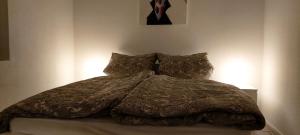 比特堡Ferienwohnung KaMa的一张带棕色棉被和枕头的床