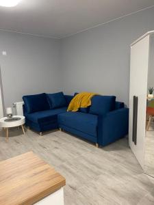 罗兹Urocza i nowoczesna kawalerka - Łódź w pobliżu centrum的客厅里一张蓝色的沙发