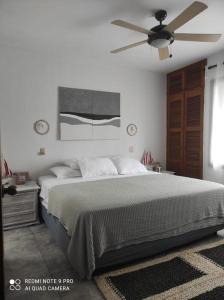 赛姆Casa completa SAME Casa Blanca的一间卧室配有一张床和吊扇