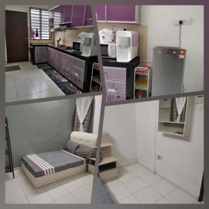 巴西古当Lavender Homestay @ Pasir Gudang的厨房配有紫色橱柜和冰箱