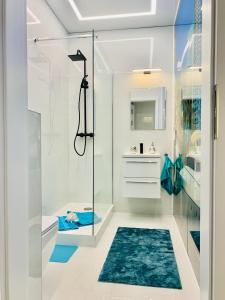 博茨科沃Aquarius Santorini的浴室设有玻璃淋浴间和蓝色地毯。