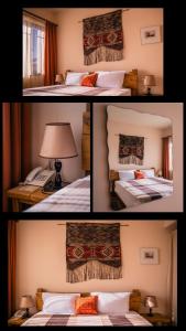 埃里温丝绸之路酒店的卧室两张照片,配有两张床和一盏灯