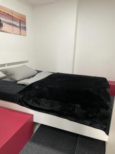 汉堡Kastanienallee 7的一间卧室配有一张床上的黑色毯子