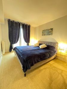 塞夫尔Blue Haven Sèvres的一间卧室配有一张带蓝色棉被的床